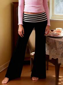 Women Low Waist Loose Fit Striped Folds Over Wide Leg Pants Lounge Home Sweatpants - 黑色 - 查看 3