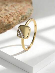 Charm-In 镀金方形锆石戒指，女士款，小众设计感奢华戒指，方形几何简约百搭戒指首饰 - 金色 - 查看 1