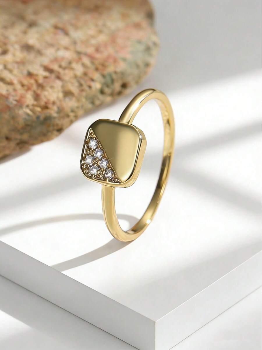 Charm-In 镀金方形锆石戒指，女士款，小众设计感奢华戒指，方形几何简约百搭戒指首饰 - 金色 - 查看 1
