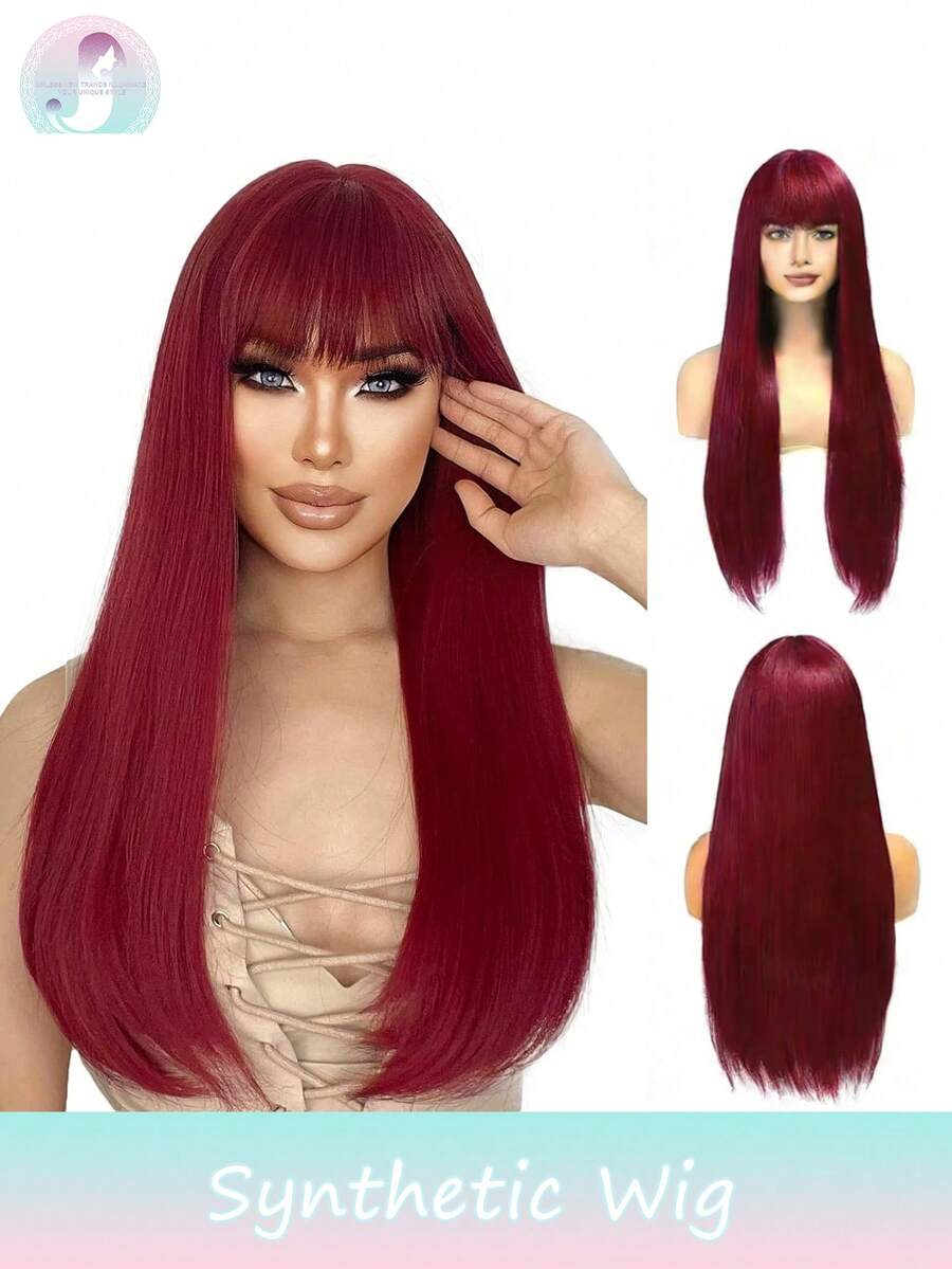 24英寸长直发酒红色合成假发，带刘海，适合日常派对佩戴，耐热纤维材质，高密度，适合上学、万圣节、感恩节、圣诞节、音乐节、狂欢节、新年等场合，可作为礼物赠送。 - 酒紅色 - 查看 1