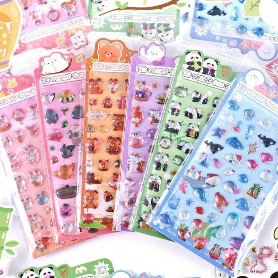 3D Stereoscopic Panda, Rabbit & Ocean Life Stickers With Faux Gemstone Embellishments, Suitable For Phone Decoration And DIY Crafts - 彩色 - 查看 1