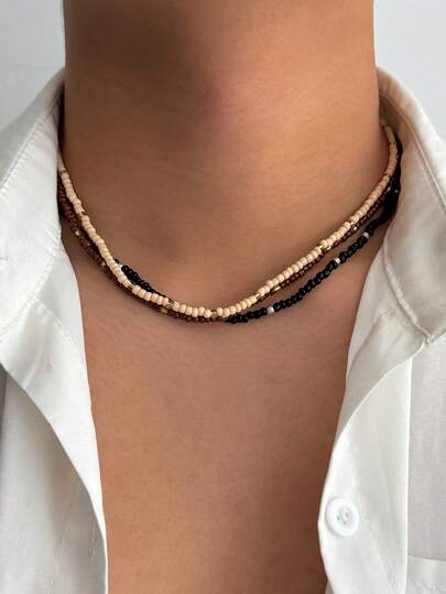 3pcs/Set Gothic Punk Vintage Asymmetrical Beaded Necklace Set, Geometric Charm Jewelry Layered Necklaces, Rock Hip Hop Design, Casual Minimalist, Suitable For Party, Holiday, Gathering, Couple Fashion Accessory Gift