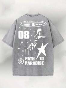 2026 Summer TopsMen's T-Shirt, Distressed Washed Pure Cotton Round-Neck Men's Short-Sleeved Shirt, Featuring The Number "08" And Star-Letter Pattern On Both Sides Of The Print, With A Casual Street Style, Suitable For Summer Men's Clothing. Loose And Comfortableshirt - 黑色 - 查看 10