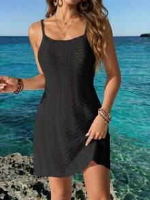 女士夏季波西米亚渐变镂空性感透视罩衫吊带迷你连衣裙 - 黑色 - 查看 2