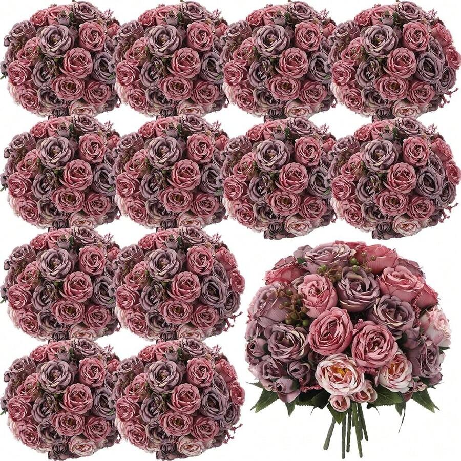 16 Bundles Artificial Peonies Flowers Fake Silk Peony Bouquet Faux Peonies Flowers Bulk For Decoration Vase Floral Arrangements Wedding Party Table (Plum Purple) - 李子紫 - 查看 1