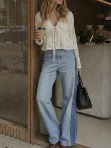 女士白色蕾丝纹理V领系带荷叶边下摆长袖衬衫 - 白色 - 查看 4