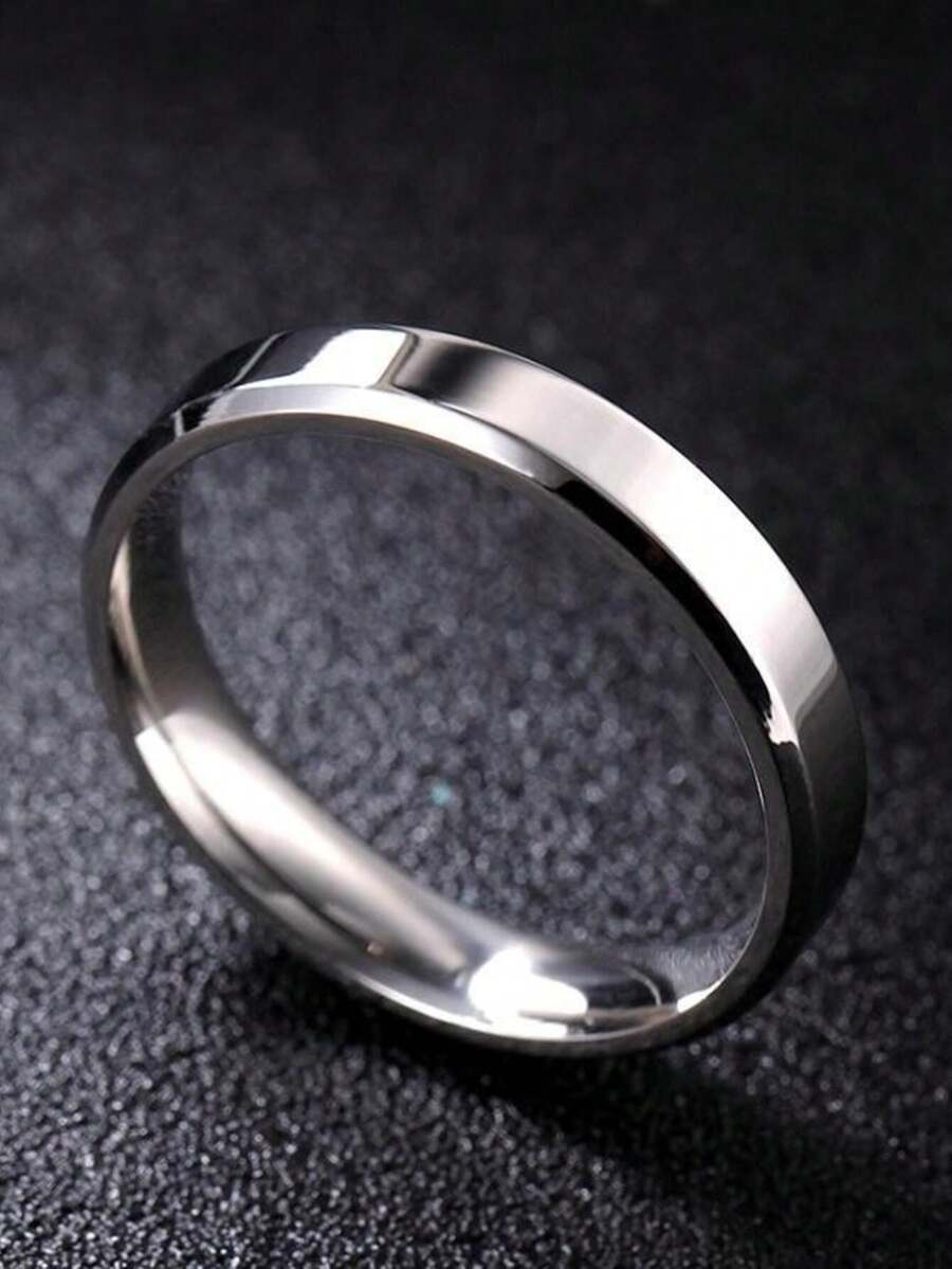 Beveled Smooth 4mm Stainless Steel 316L Silver Engagement Ring / Unisex Commitment Ring - 20 - 查看 1