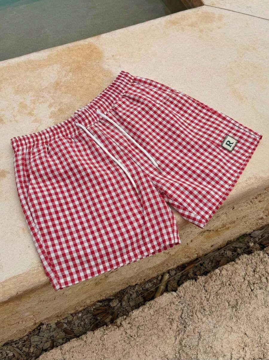 Open Phase STONE DISTRICT 男士时尚休闲双色格子宽松短裤，日常穿着，适合返校季春夏季节，复古美式风格，男女皆宜，宽松版型夏季服装 – 适合日常穿着和夏季度假穿着。 - 紅白色 - 查看 1