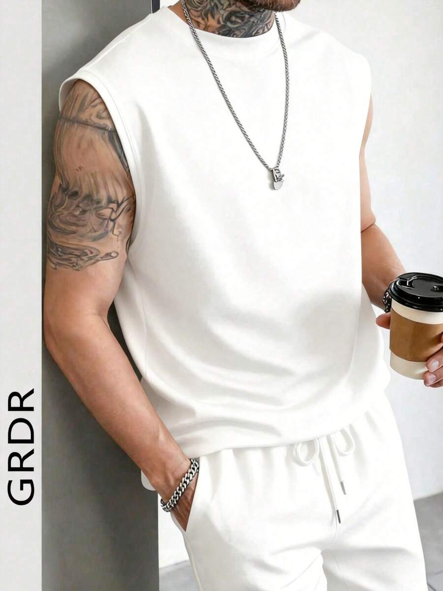 GRDR 男士夏季经典简约无袖圆领背心，适合运动、健身和日常穿着 - 白色 - 查看 1