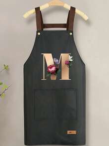 趣味可调节肩带围裙，配有实用口袋，可个性化定制花卉字母 A-Z 印花，男女通用，结实耐用的围兜式肩带，颈部和腰部系带均可调节，大口袋设计，可水洗，防污耐用，适用于厨房、美发师、园丁、厨师、专业美容学校等场合。 - A - 查看 15