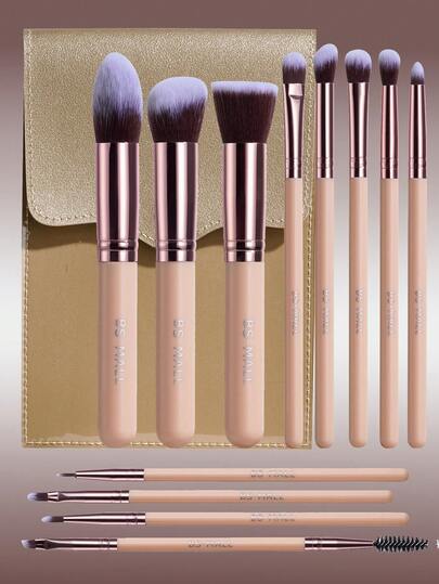  BS-MALL 12pcs Precise Makeup Brush Set With Khaki Brush Holder, Including Foundation Brush, Eyeshadow Brush, Blush Brush - Makeup Tools