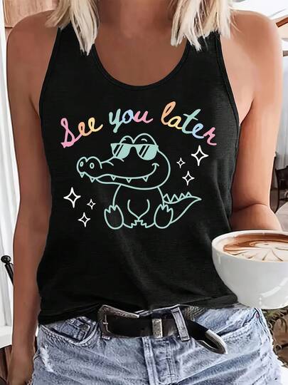 Women's Funny Alligator & "See You Later" Graphic Sleeveless Tank Top -  Print Sleeveless Shirt, Round Neck Casual Summer & Spring Blouse, Machine Washable White With Green & Pink Lettering For Beach Outfits & Casual Attire, Playful Alligator Fashion Glasses Design, Relaxed Fit, Vibrant Colors, All-Season Wear, Stylish Women's Fashion Top