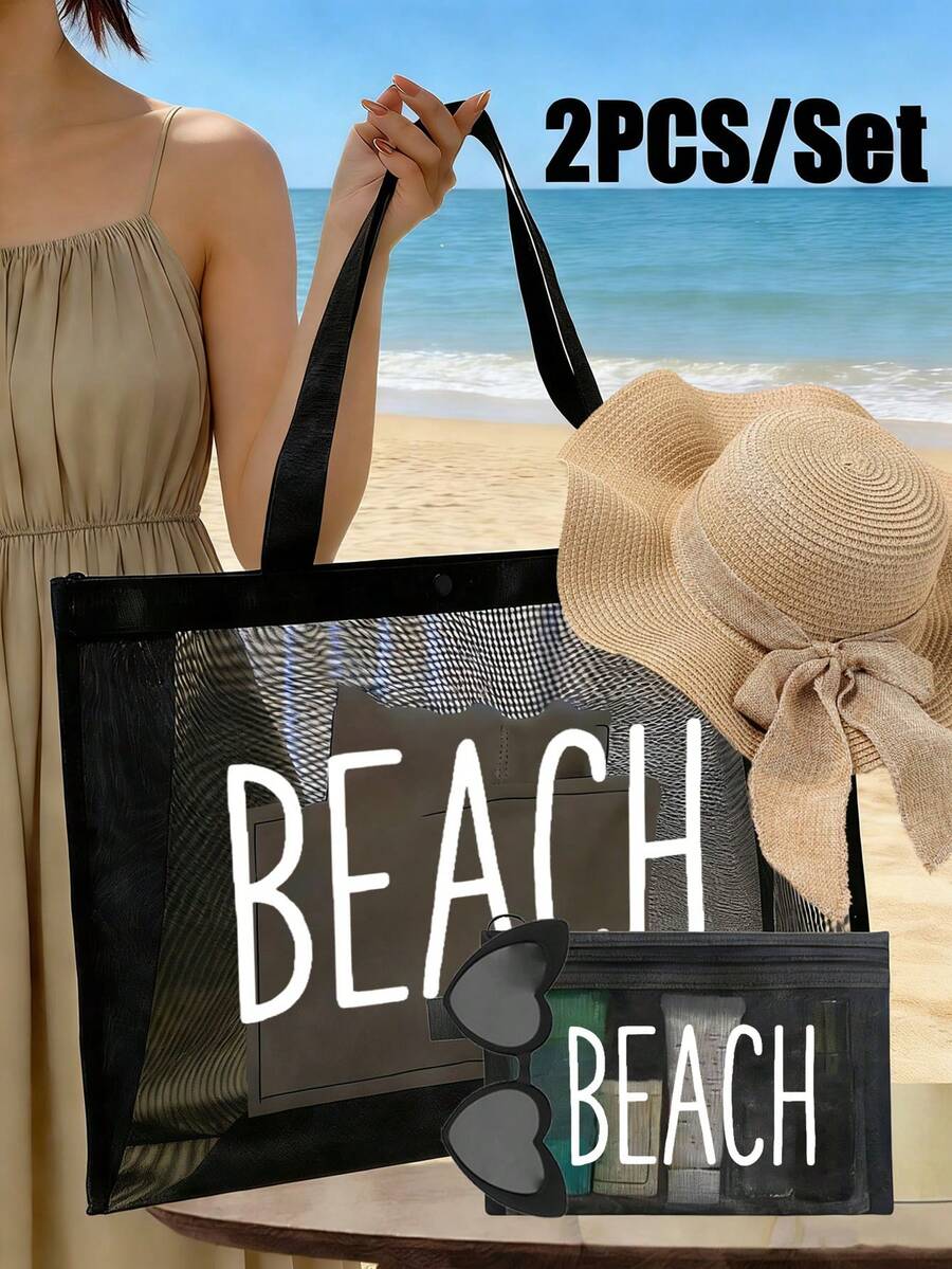 2pcs/Set Large Capacity Mesh Beach Bag - Printed With White "Beach" Letters, Featuring Tropical And Beach Elements; Foldable Waterproof And Sand Proof Mesh Handbag+Matching Mesh Cosmetic Storage Bag, Foldable Beach Sun Hat, Fashion Glasses. - Multicolor - View 1