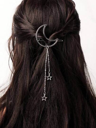 1pc Women's Moon Tassel Hair Clip, Gold Moon Festival Hair Accessory With Stars, Suitable For Festivals, Parties, Daily Wear, Pendant, Gift, Ramadan