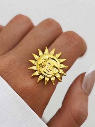 1pc Stainless Steel Star & Moon Gold-Tone Ring, Tarnish Resistant, Minimalist & Elegant, Suitable For Daily Wear Or Party, Fashion Jewelry Gift For Women