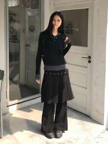 Collegiate Striped Patchwork Design 2 In 1 Button Hoodie Top - Black - View 4