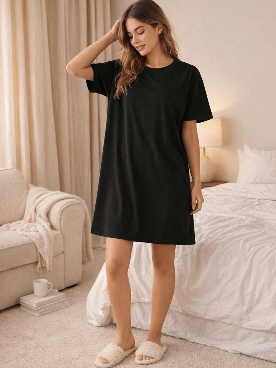 1-Pcs Women's Nightgown, With Pockets, Folded Cuffs, Round Neck, Short Sleeves, Available In Sizes S-XXL, Comfortable And Well-Fitting, Suitable For Spring And Summer Wear. Women's Clothing, Women's Sleepwear, Women's Dress, Women's Short Dress. - màu đen - Xem 1