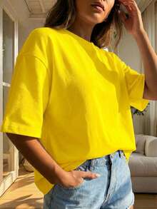 Blusa de mujer de corte holgado, cuello redondo, manga corta, casual, adecuada para primavera y verano, con estilo minimalista, elegante y sexy Y2K, apta para uso diario, oficina, hogar y exteriores, color negro - Amarillo - Ver 4