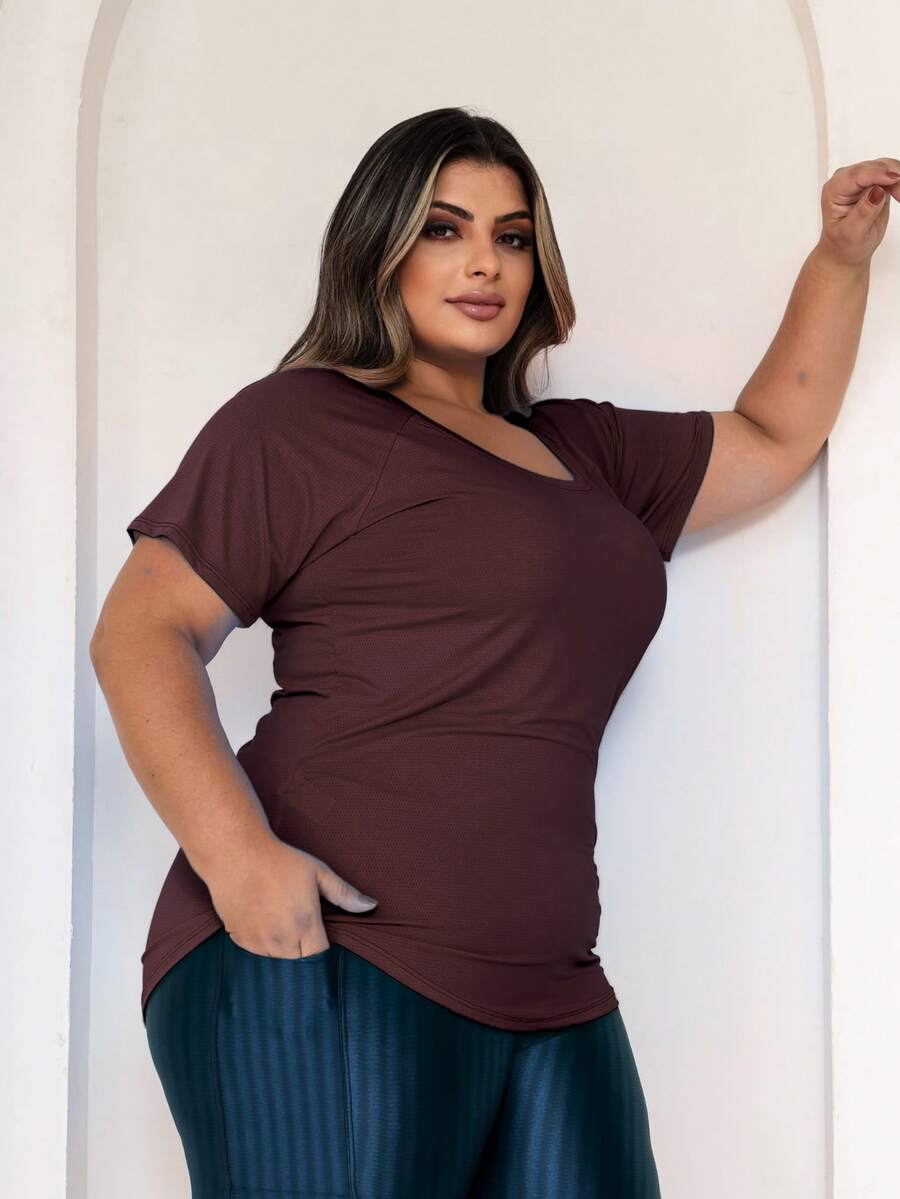 Plus Size Blouse In Lightweight, Comfortable Dry Fit Fabric For Workouts, Fitness, And Casual Sportswear - 鏽棕色 - 查看 1