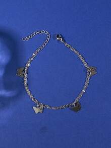 1 chiếc vòng chân và dây đeo môi hình bướm rỗng hai lớp tối giản bằng thép không gỉ dành cho nữ. - Bạc - Xem 5