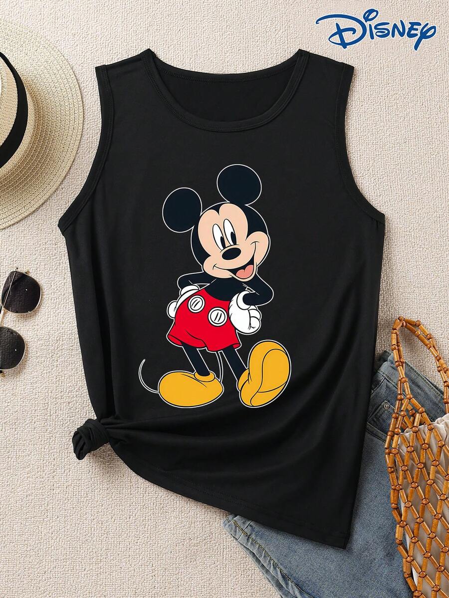 Disney 1pc Women's Casual Mickey Mouse Graphic Print Tank Top, Round Neck Stretchy, Suitable For Daily Wear, Easy Care Material, Women Sleeveless Shirt - Black - View 1