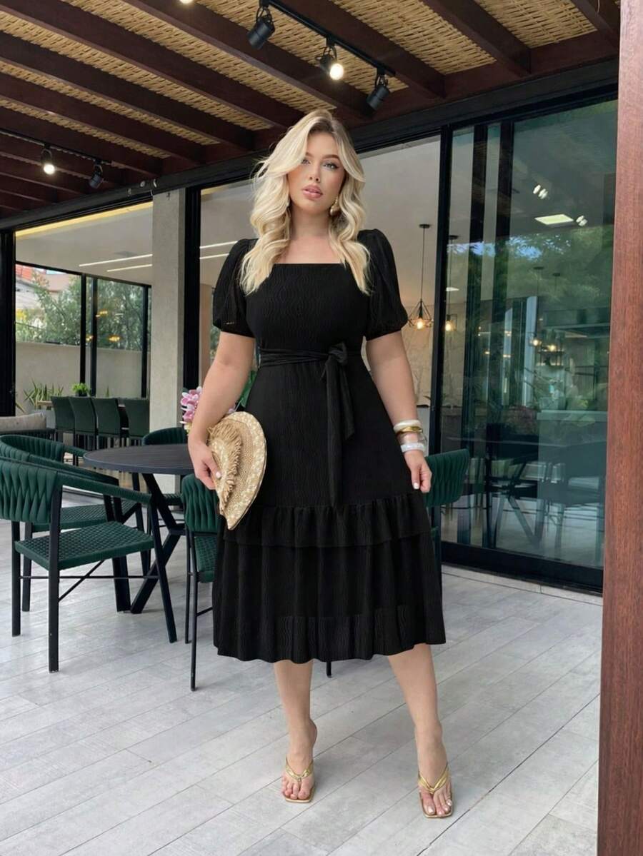 Elegant Women's Casual Dress, Fabric, Hem With Ruffle, Knot, Pleated, Women's Evening Wedding Dress - 黑色 - 查看 1