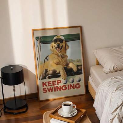 1幅无框复古金毛寻回犬高尔夫球车帆布艺术印刷品 - “继续挥杆”幽默墙饰，无框，适合客厅或卧室，完美的乔迁礼物，高尔夫球车装饰 | 可爱狗狗设计 | 复古海报，高尔夫球车装饰