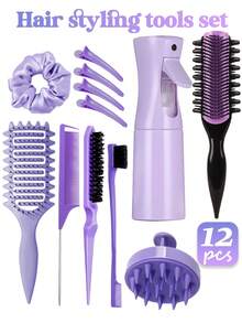 Set de peinado de 1/2/3/4/5/6/11/12 piezas: Nuevo diseño de peine de 9 filas, dientes de peine rizado desmontables, peine de peinado mejorado, botella de spray de 200 ml con excelente sellado y diseño antifugas, kit de herramientas de cepillo de bordes para el cabello, accesorios de belleza para el cabello para el hogar, verano, vacaciones, viaje - Multicolor - Ver 18