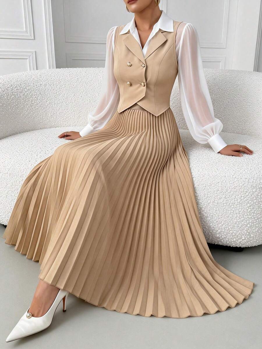 Elegant Commuter Double-Breasted Vest & Pleated Skirt Set - Khaki - View 1