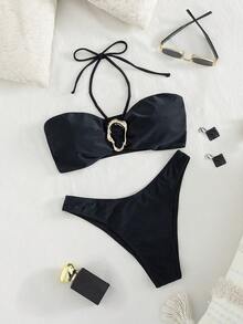 女士新款欧美风露背比基尼套装度假装 - 黑色 - 查看 3