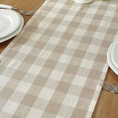 春季米色格子桌旗，方格桌旗，经典美式乡村风格水牛格纹餐桌装饰