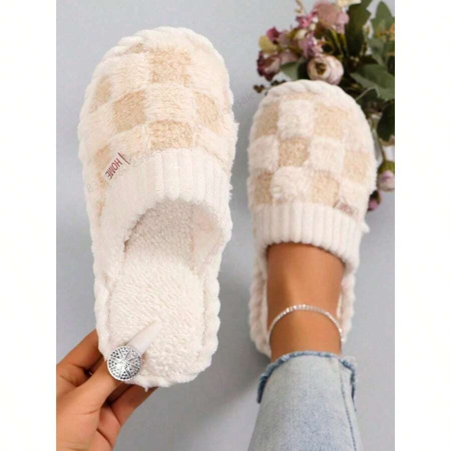 Cotton Slippers For Women In Winter, Indoor Home Thick-Soled Couple Home Furry Cute Slippers For Men In Winter - Màu be - Xem 1