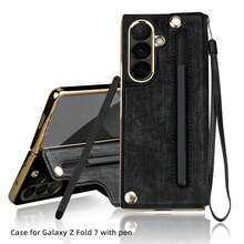 ALuoQ Fold 4/5/6/7 Electroplated Anti-Drop Protective Phone Case With Tempered Glass Screen Protector, Equipped With Card Slot, Pen Slot, Compatible With S Pen And Wrist Strap - Black - View 2