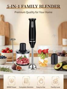 Juego de batidora de mano 5 en 1, incluye varilla de mezcla multifunción, batidor, picadora y vaso mezclador, adecuado para procesar alimentos y mezclar comida para bebés - Negro - Ver 5