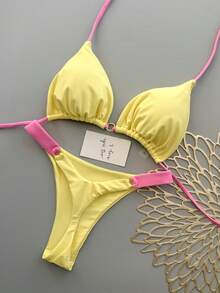 Women's Summer Beach Colorblock Sexy Bikini Swimwear Set Vacation - Yellow - View 2