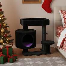 Cat Tree, Gothic Cat Tree With Coffin Bed, Cat House With Scratching Posts, Shelves For Kittens, Spider Toy, Black And Violet Small MMJ93Z - 黑紫色 - 查看 6