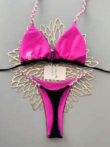 两件套几何与热带花卉印花泳衣，休闲可爱优雅性感波西米亚风系带比基尼，适合春夏海滩度假，女士套装，沙滩装，女士比基尼，女士沙滩套装 - 黑色 - 查看 4