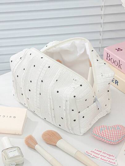 1Pc Elegant Lace Fabric Polka Dot Decorate Stripped Pattern Soft Women Makeup Bag Travel Portable Zipper Ruffle Cosmetic Bag Storage Pouch Cute Toiletry Bag Large Capacity Travel Skincare Makeup Storage Bag With Handle Multifunctional Storage Bag,Make Up Brushes Storage Bag Sanitary Napkin Storage Bag For Travel Daily Life, Back To School Supplies Travel Essentials Cruise Essentials Dorm Essentials Birthday Gift Wedding Bridesmaid Gift Mom's Gift New Year's Gift