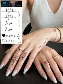 Small Floral Arm Fine Line Temporary Tattoos, Minimalist Heart-Stirring Line Art, Heartbeat, Music Notes, Words, Suitable For Wrist, Ankle, Shoulder, Neck, Collarbone, Waterproof, Realistic Tattoo Stickers For Music Festivals, Celebrations, Valentine's Day, Party Gifts - Black - View 13