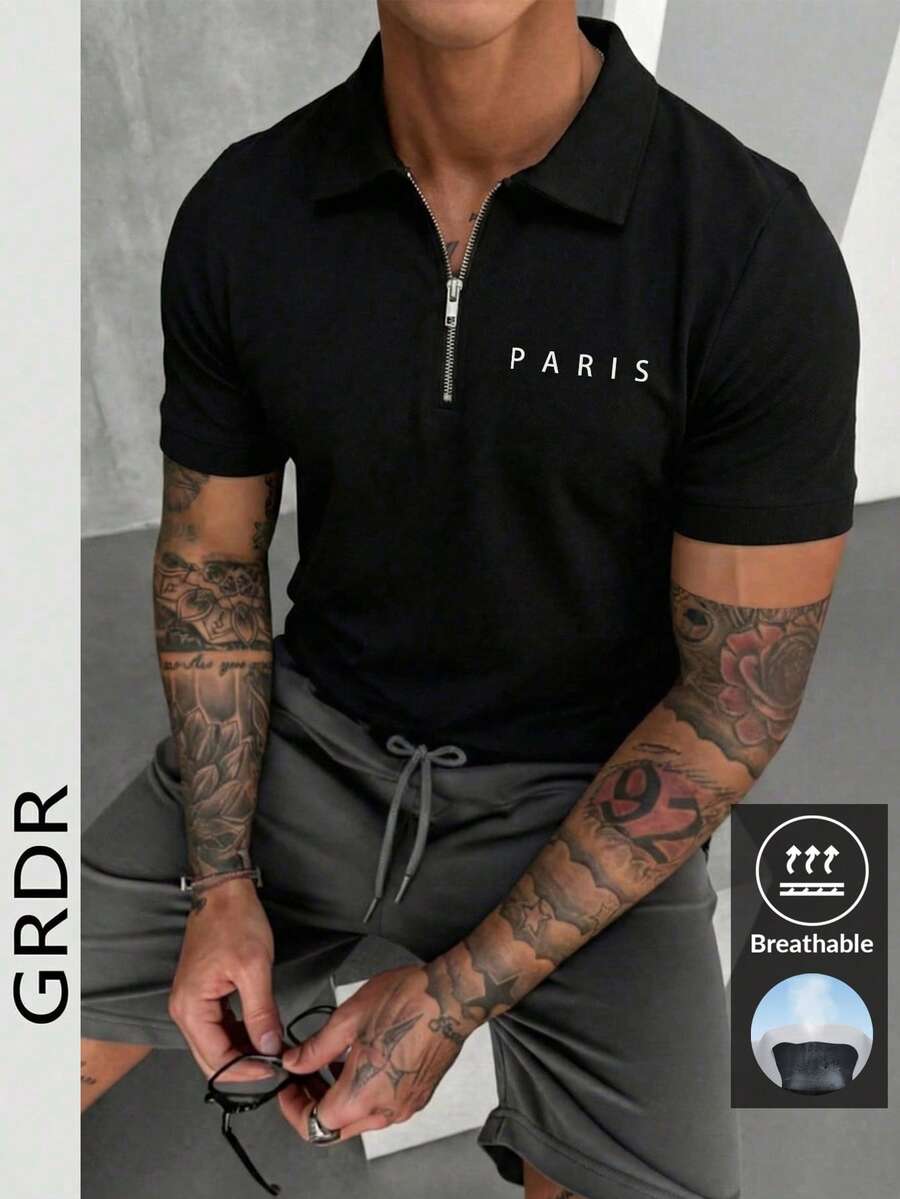 男士休闲百搭英文标语印花半拉链短袖T恤 - 黑色 - 查看 1