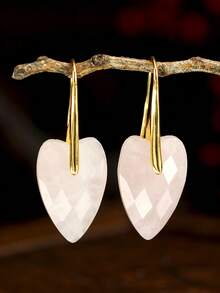 迷人天然石心形吊坠女士耳环 - 13*20mm 天然白石英、粉晶、绿东陵玉、虎眼石、黑曜石多面心形吊坠 - 波西米亚优雅风格，适合日常及节日佩戴。理想的情人节礼物。可爱可摆动设计，休闲装扮及特殊场合皆宜。 - 彩色 - 查看 16