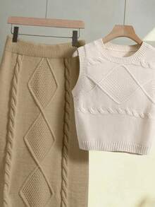 女士优雅针织无袖上衣+半裙两件套，休闲通勤办公日常度假海滩装，春夏款 - 彩色 - 查看 3