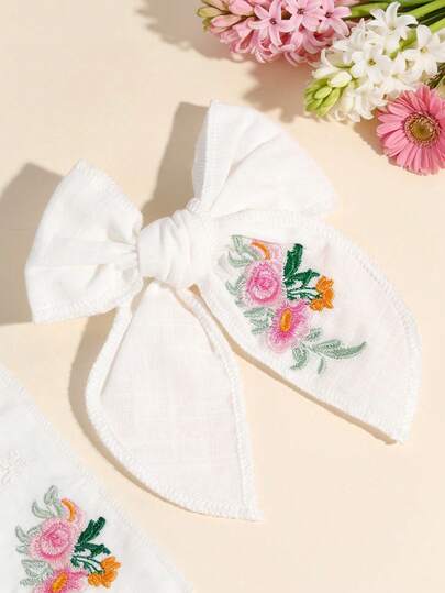 1pc Embroidered Floral Bow Hair Clip For Girls, Elegant Boho Floral Print Hair Clip, Simple White Fabric Hair Clip For Girls, Suitable For Spring/Summer Casual, Outdoor, Vacation, Back To School, Perfect Birthday Gift, Cute Hair Accessory For Girls