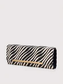Zebra Print Straw Clutch, Striped Woven Long Wallet, Elegant Party & Daily Clutch - Black and White - View 2