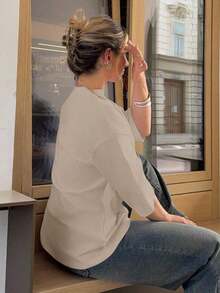 Valentine's DayJeta Ari Loose Casual Plain Minimalist Short Sleeve T-Shirt For Women Old Money Style Business Casual Women Oversized T-ShirtLoose And Comfortablesummer Tops White Top - 杏色 - 查看 4