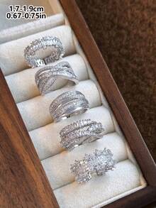 5pcs Luxury Exaggerated Super Shiny Cubic Zirconia Adjustable Open Ring Set, Suitable For Daily Fashion, Banquet, Party, Holiday Gift, Wedding Bride Wear - Silver - View 8