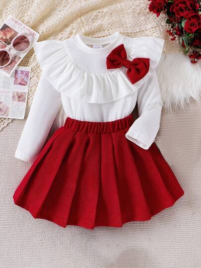 2pcs Young Girl Girls Academy Style Ribbed Bow Decor Top And Corduroy Pleated Skirt Set, Spring/Autumn