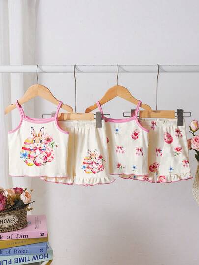 Bộ đồ hè 4 món dễ thương, thời trang, thanh lịch cho bé, bao gồm áo vest và quần short in họa tiết đáng yêu, chất liệu vải thoải mái, phù hợp cho mùa hè, kỳ nghỉ và mặc thường ngày ngoài trời.