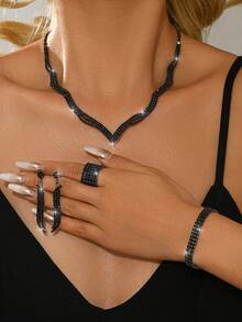 Set de 4 piezas de joyería de novia de moda, aretes con borlas de cristal brillante, collar elegante, pulsera y anillo, adecuado para boda, banquete, baile, fiesta - Juego de 4 piezas de joyería ZT5033 - Ver 1