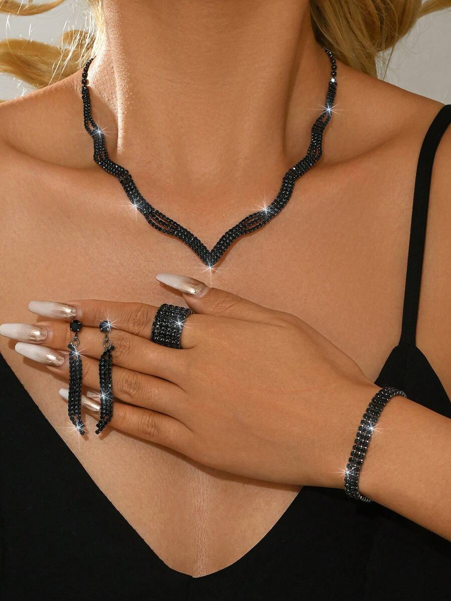 Set de 4 piezas de joyería de novia de moda, aretes con borlas de cristal brillante, collar elegante, pulsera y anillo, adecuado para boda, banquete, baile, fiesta - Juego de 4 piezas de joyería ZT5033 - Ver 1